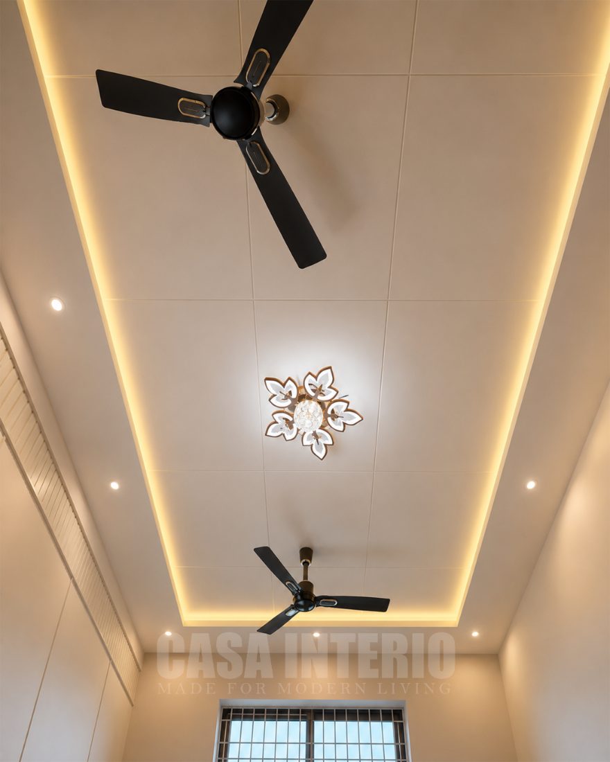 Panelled ceiling with twin fans and a floral pendant