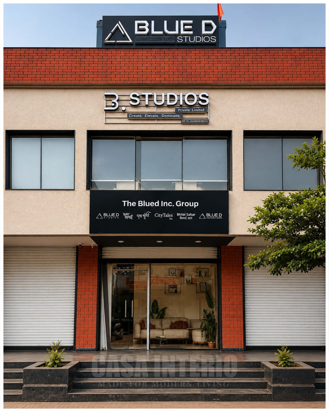Commercial studio frontage in brick and stucco with illuminated signage