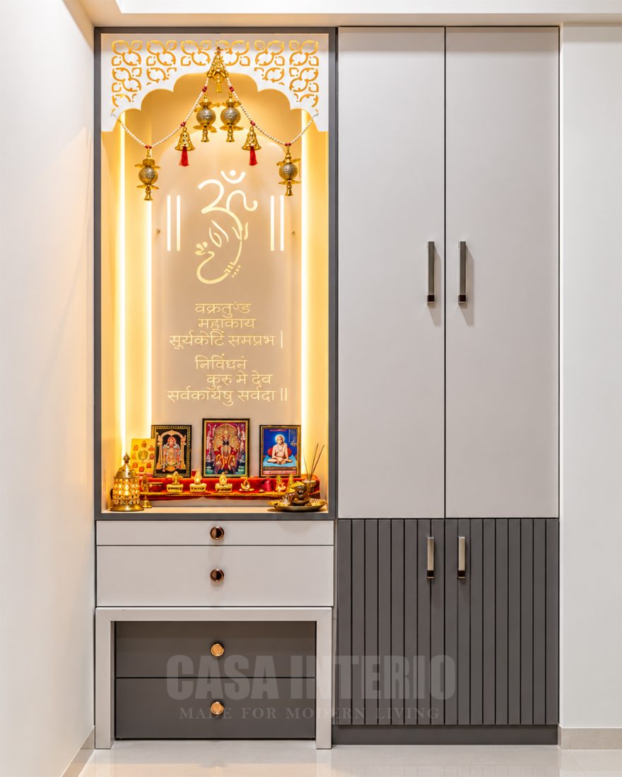 Backlit prayer niche built beside fluted storage