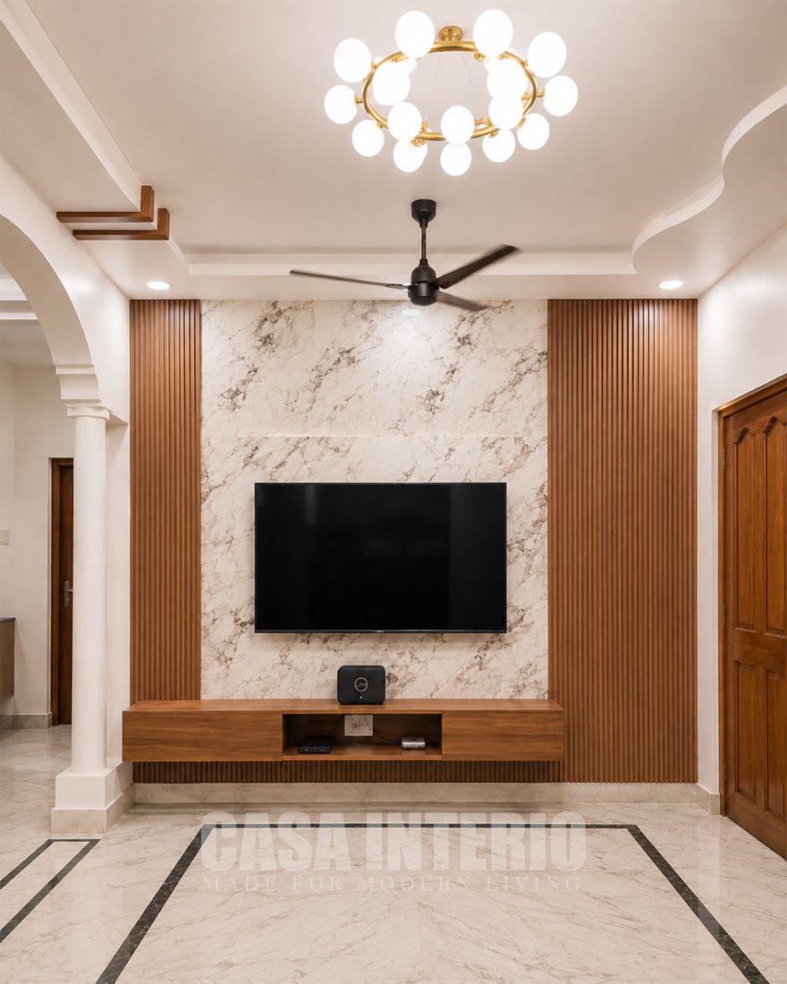 Marble television wall between fluted timber panels