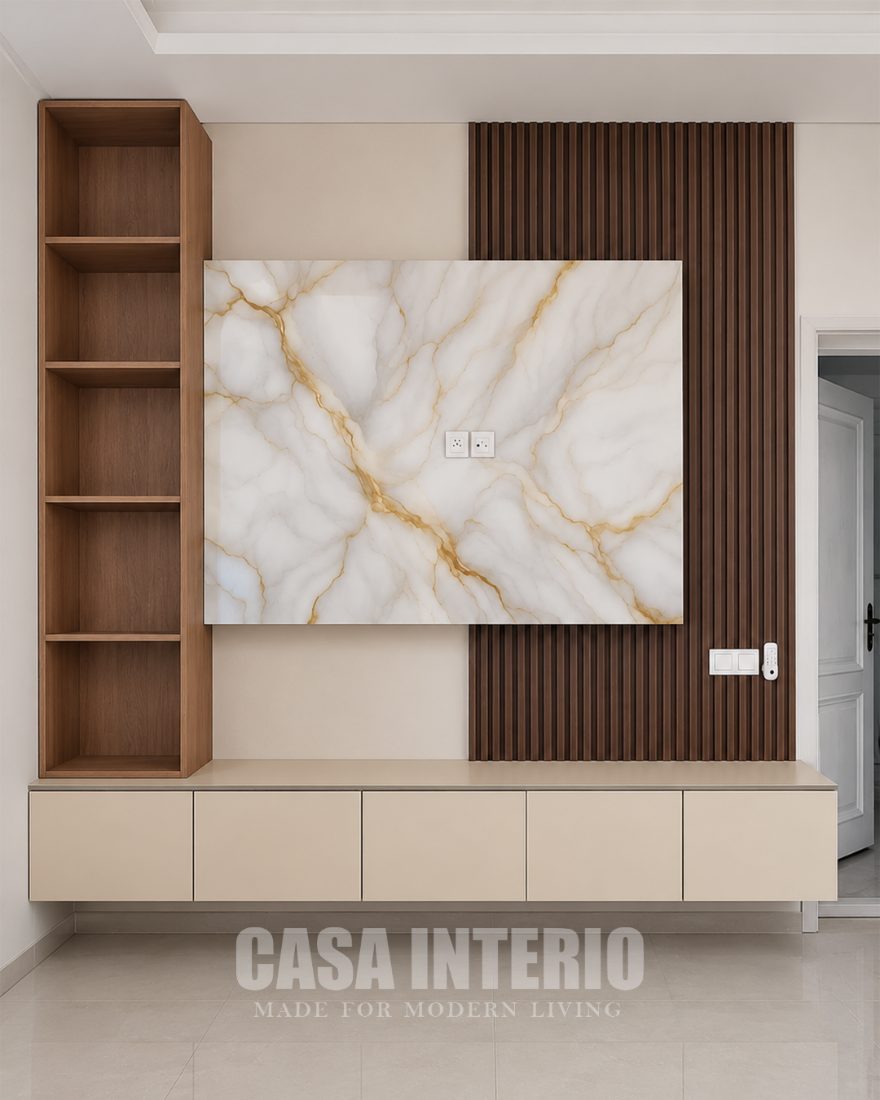 Backlit marble television panel framed in oak veneer