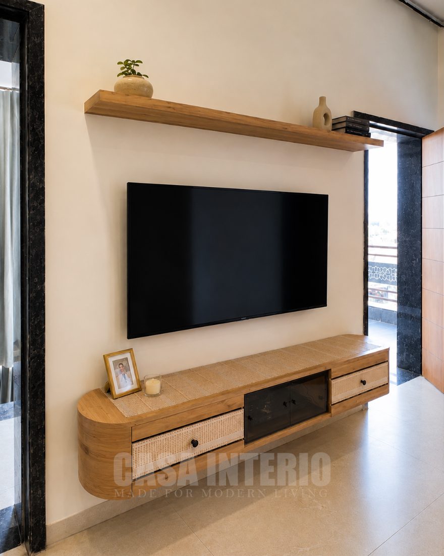 Floating teak and rattan television console with a shelf above