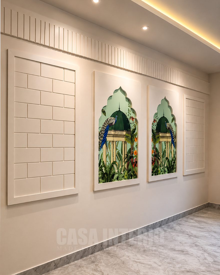 Panelled corridor wall with framed peacock arch artwork