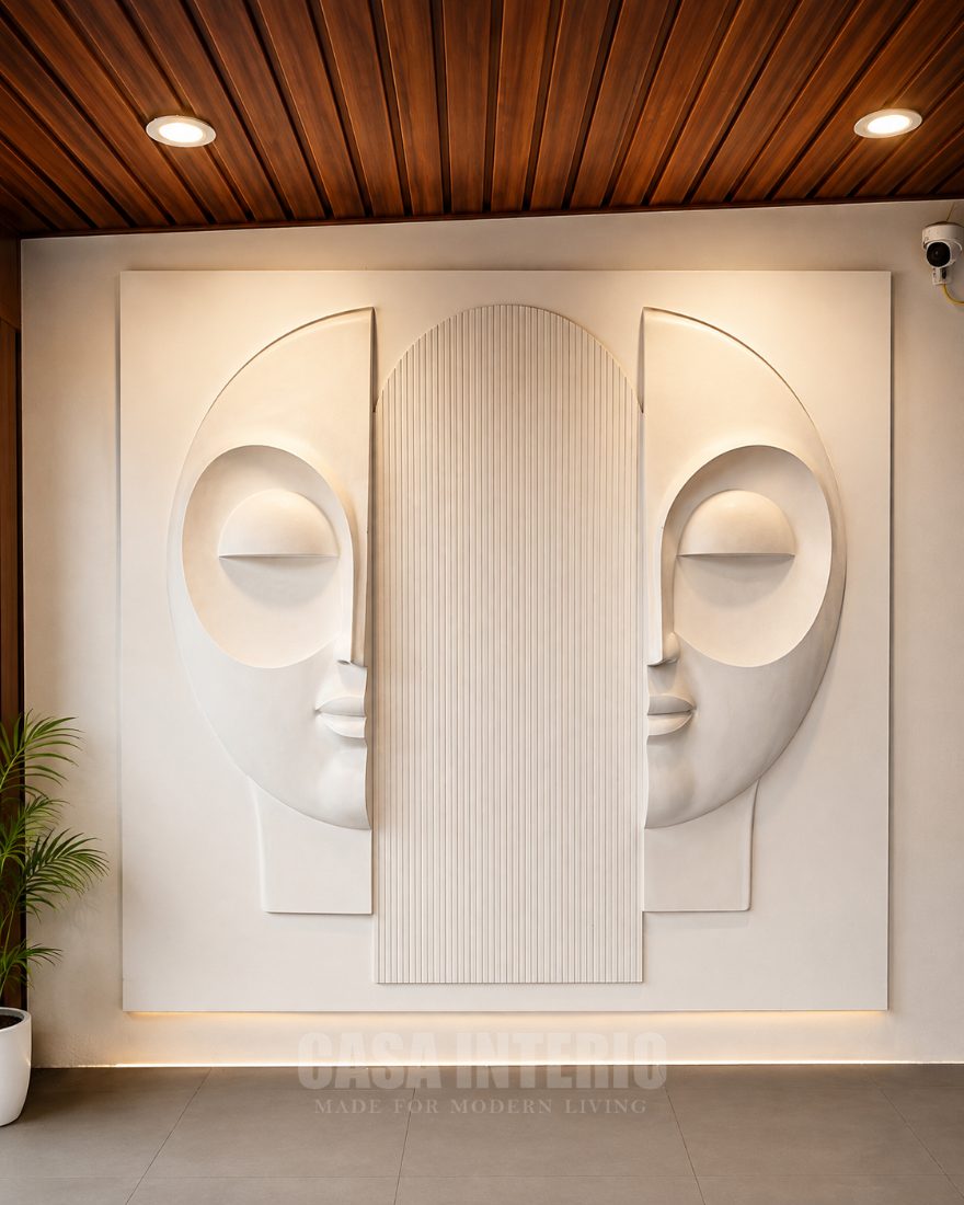 Sculpted twin-face relief panel under a timber ceiling