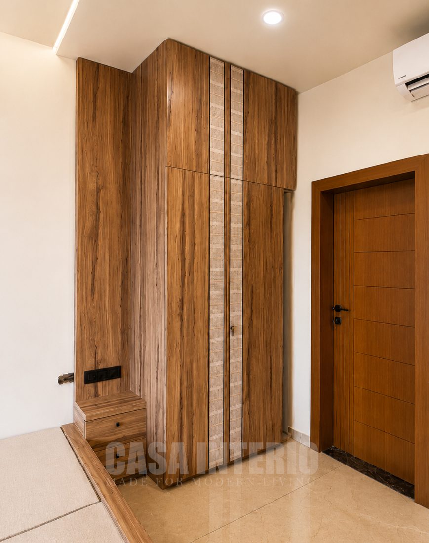Teak wardrobe with a cane inlay panel and bench