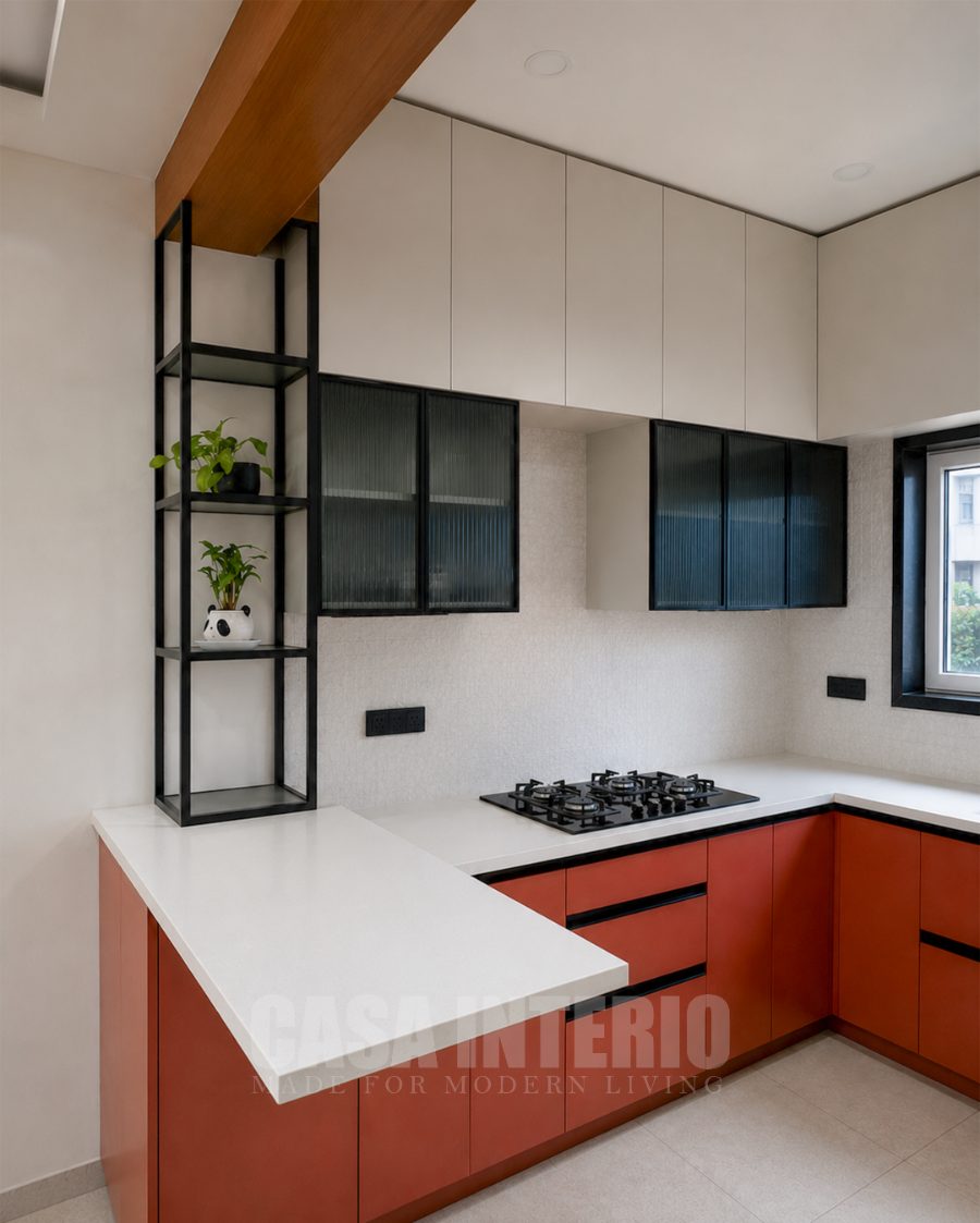Modular kitchen with terracotta cabinetry and open shelving