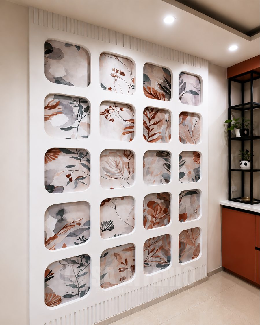 Feature wall of rounded niches with printed panels
