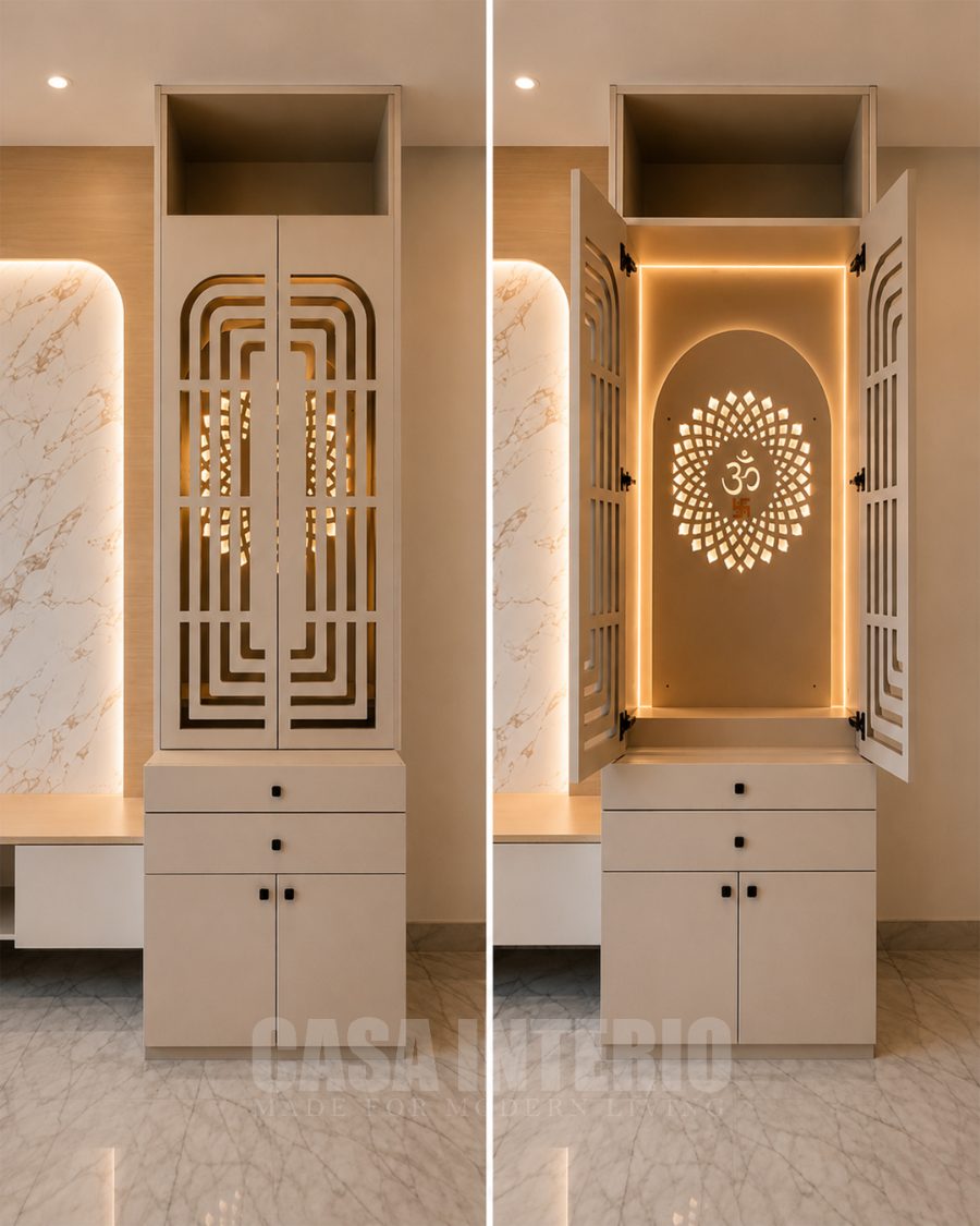 Backlit pooja unit with laser-cut jaali doors